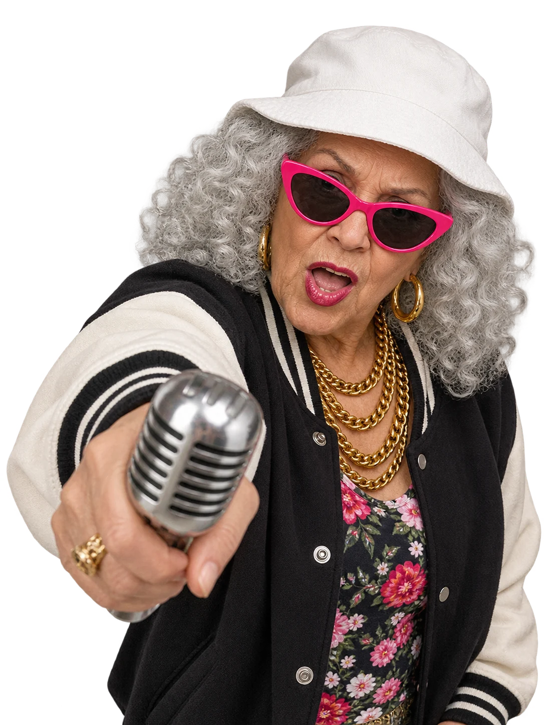 AI rap video generator: a rapper grandma pointing a microphone at the camera