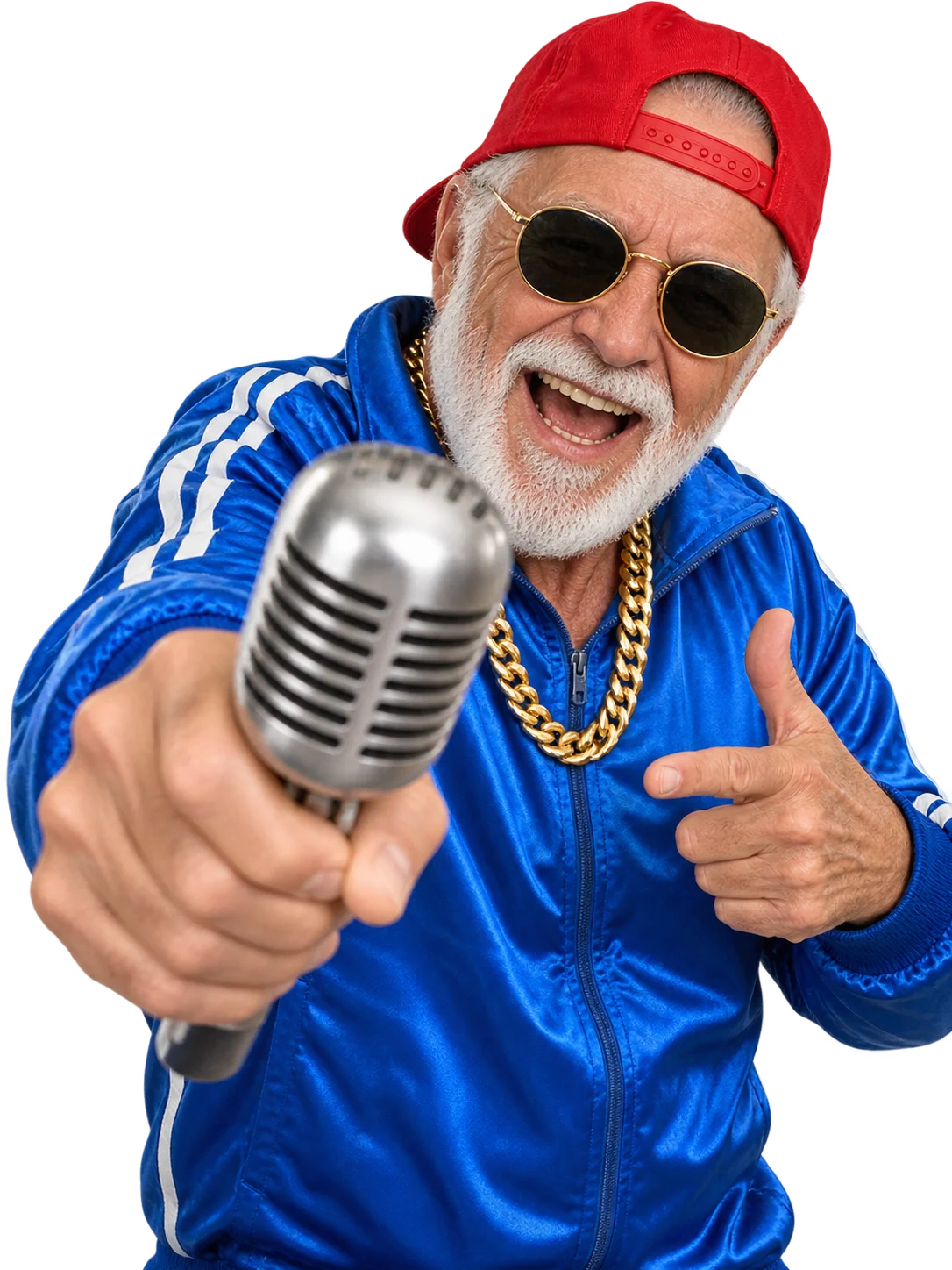 AI rap video generator: a rapper grandpa in a tracksuit holding a microphone